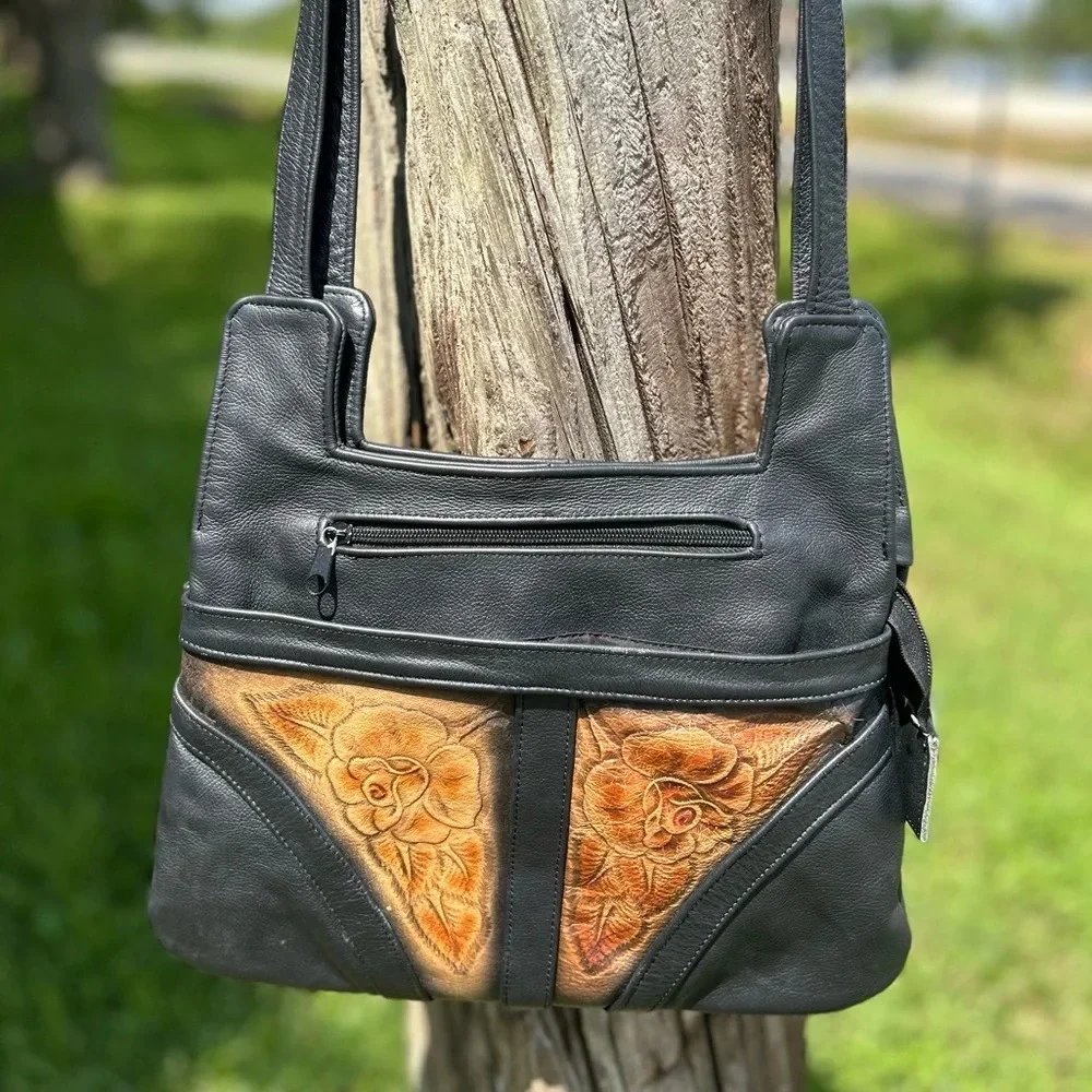 Vintage Leather Floral embossed Boho Western Shoulder Bag purse